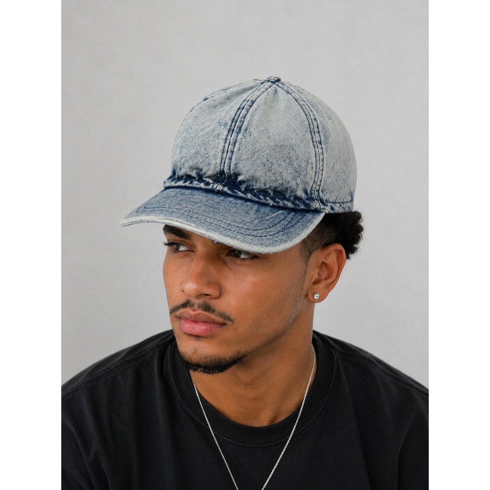 J Hats Baseball Cap Unisex 58 Blue Acid Wash Denim Distressed Frayed Retro Hat